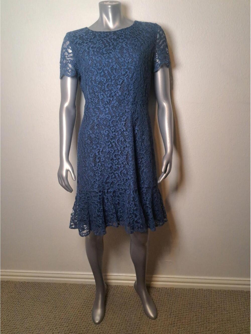 Antonio Melani Cocktail Dress Navy Blue Lace Overlay Lined Short Sleeve Size 12